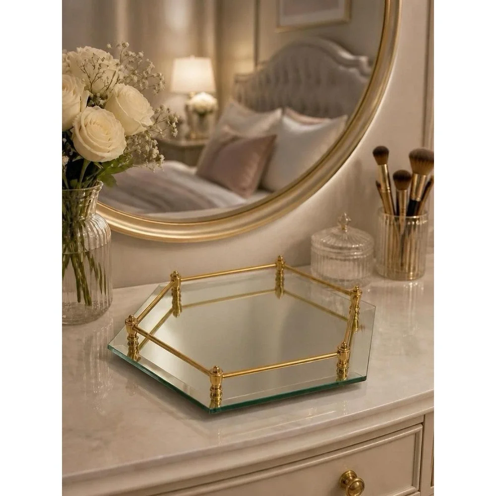 Hexagon Beveled Mirrored Vanity Tray Brass Tone Rail VTG Hollywood Regency 12